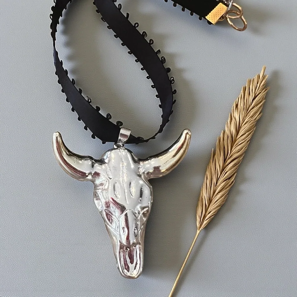 Silver and Gold Toned Bull Skull Pendant Choker Necklace